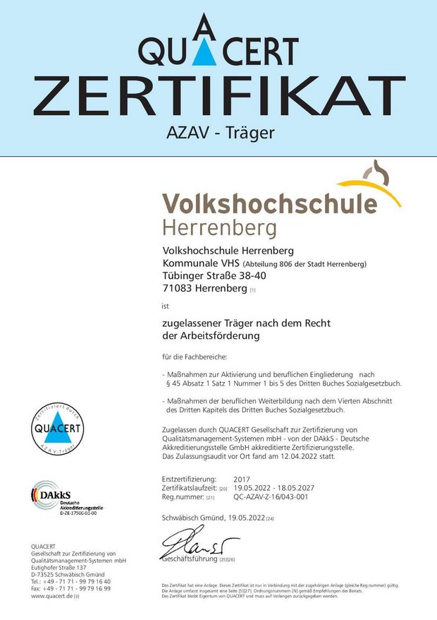 AZAV-Zertifizierung der vhs Herrenberg